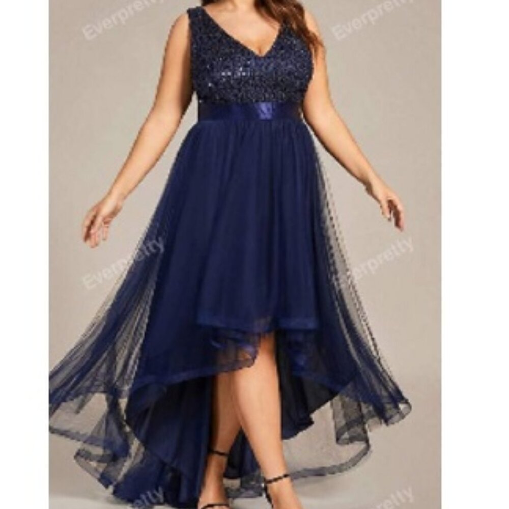 Ever Pretty Midnight Navy Sequin High-Low Evening Dress SZ 22